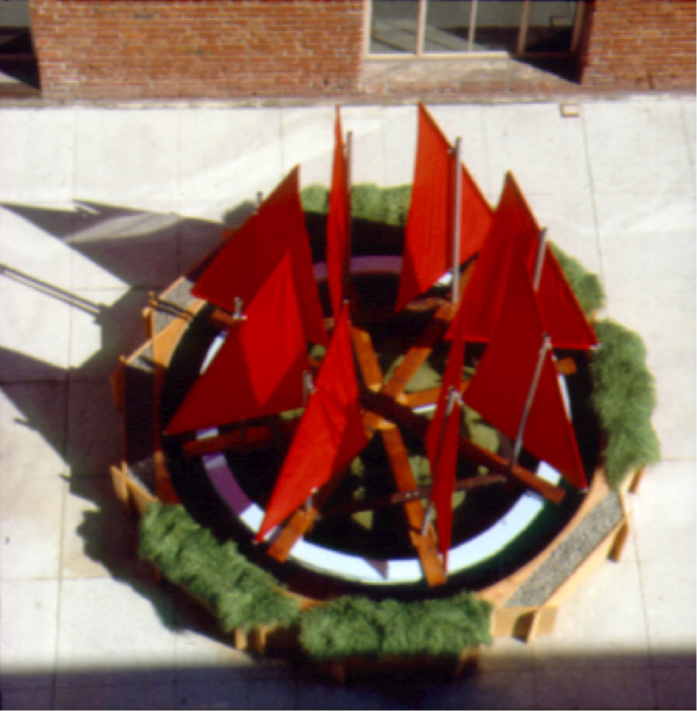 Aerial view: octagonal pool with sails mounted on a wood and foam ring.
