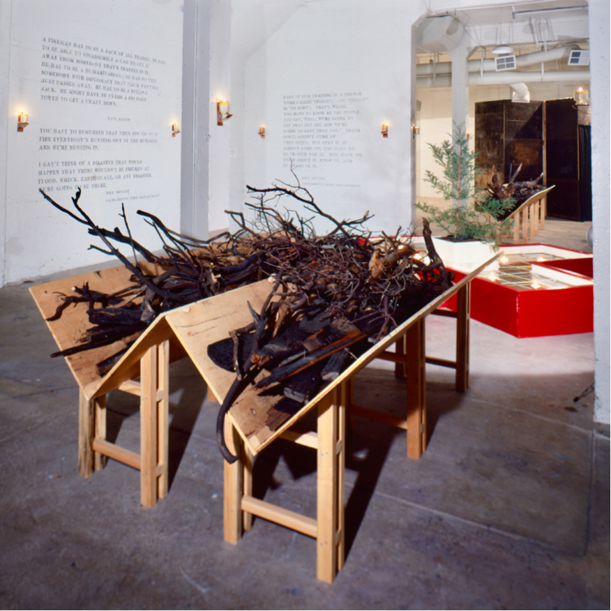 2 wood troughs filled with burnt branches and lumber