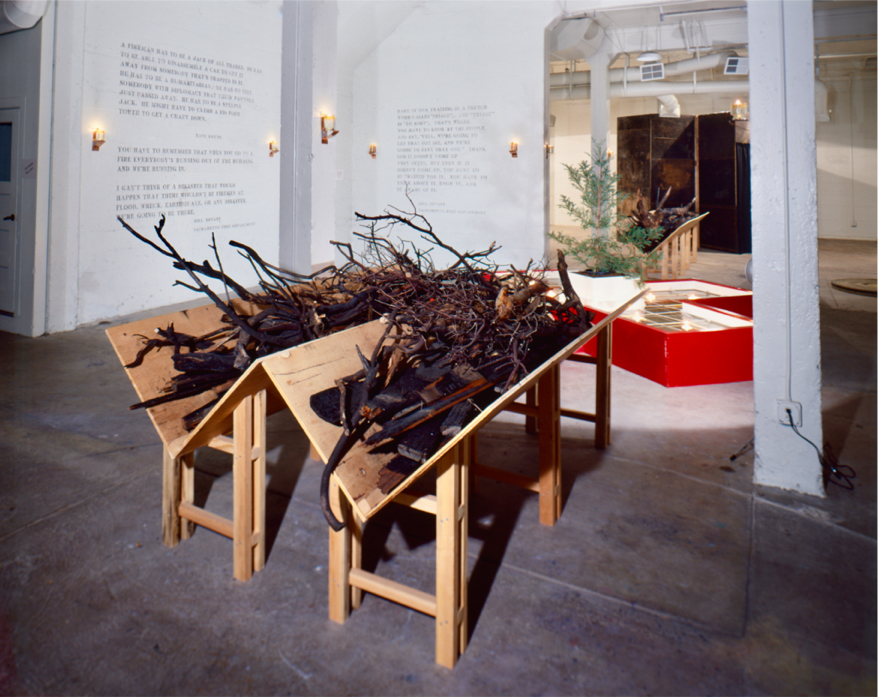 2 wood troughs filled with burnt branches and lumber