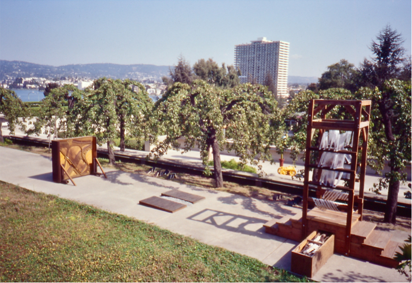 Installation view from museum garden overlooking Lake Merritt
