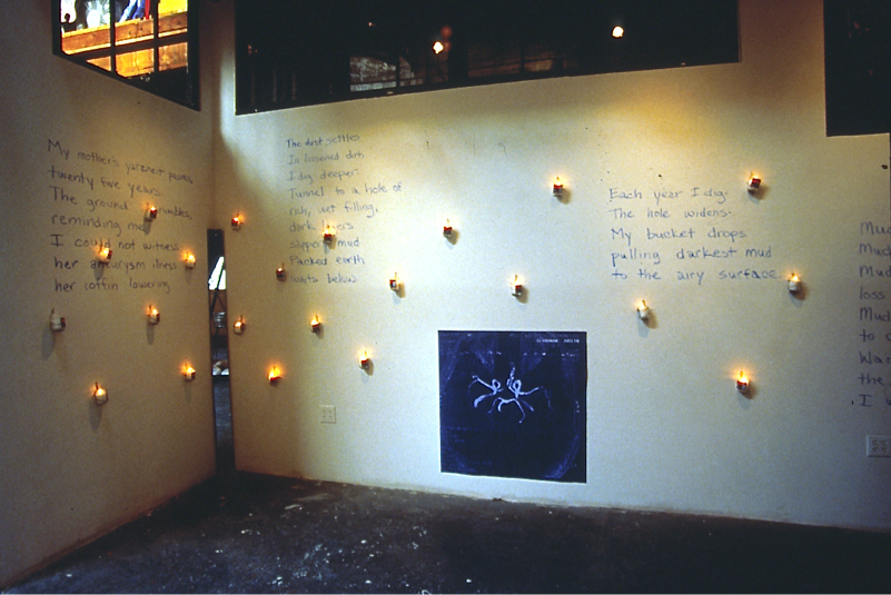 Wall with lit candles, text, and blueprint of an MRI scan of my brain.