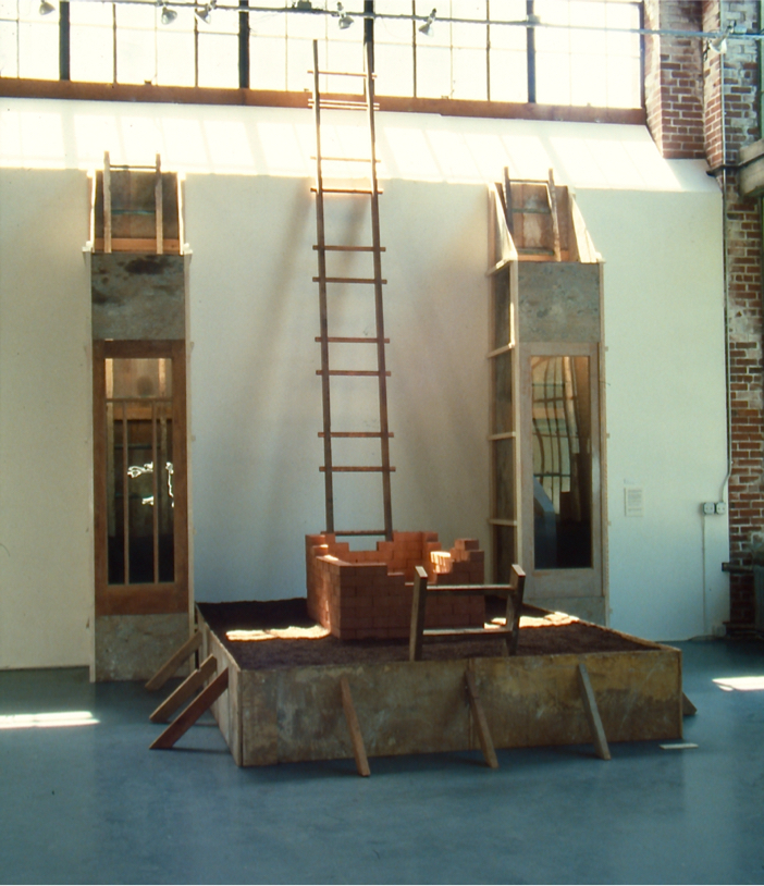 Two towers faced with windowed doors with ladders inside stretch to clerestory windows.
