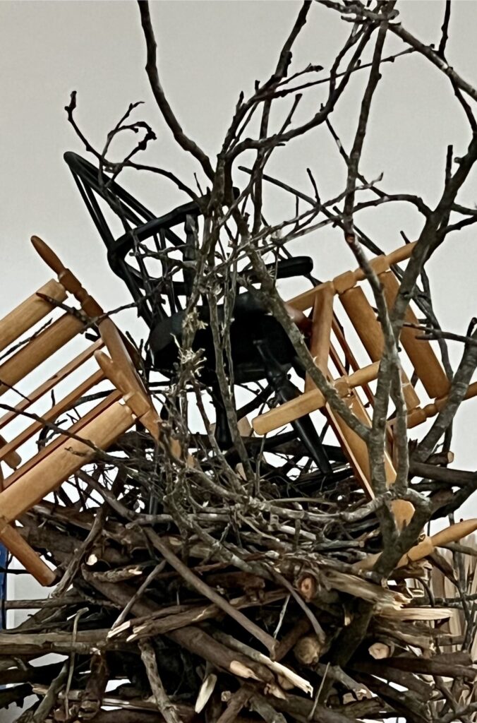 Closeup of toy beds and a toy chair nestled in branches above the nest